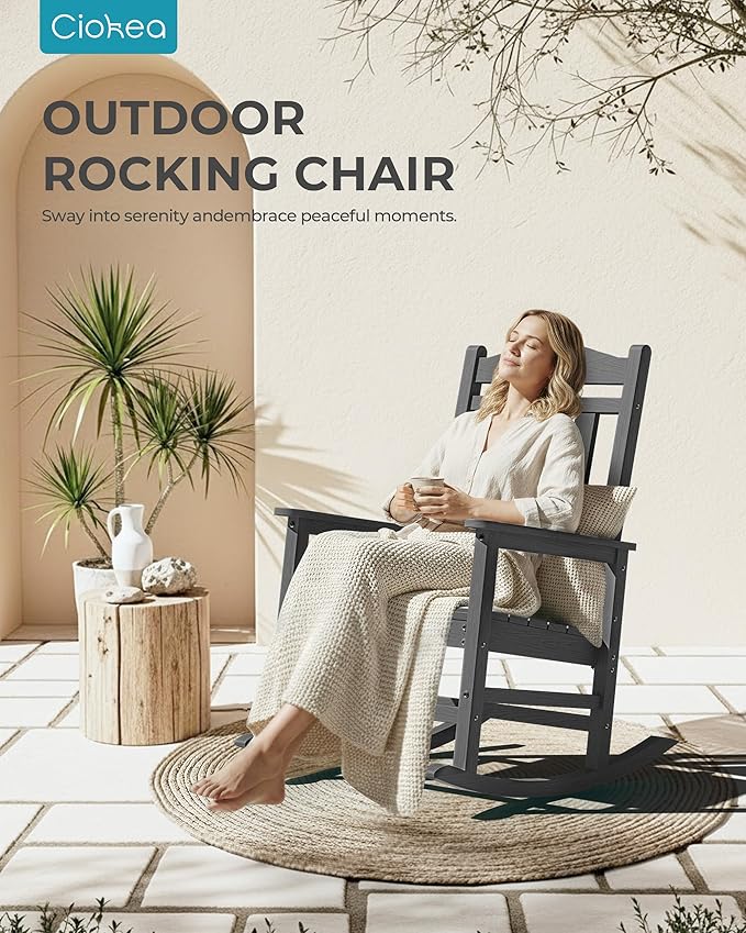 Ciokea Oversized Outdoor Rocking Chairs Set of 4, 380lbs Heavy-Duty Large Patio Rocker, High Back Cozy Porch Chairs, Weather Resistant Patio Rocking Chairs for Outside, Fire Pit, Deck, Dark Grey