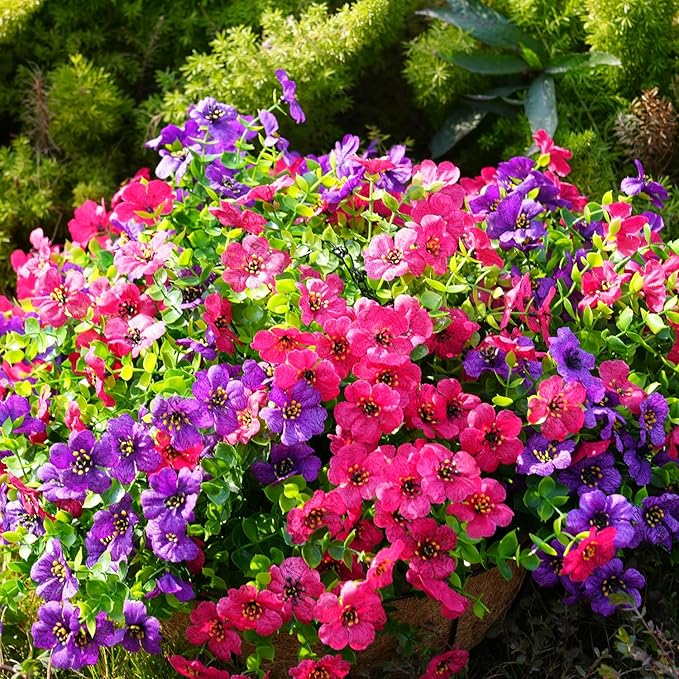 Artificial Flowers for Outdoor, UV Resistant Fake Silk Flowers, Realistic Faux Plants for Outside Indoor Porch Patio Window Box Planter Home Decor (20, Purple)