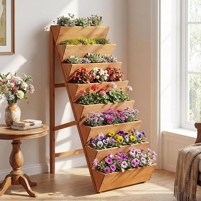 Giantex 8-Tier Wooden Vertical Raised Garden Bed, Freestanding Plant Stand with Legs for Herbs Vegetables Fruits, Indoor Outdoor Tiered Wood Planter Box Flower Rack for Patio, Balcony & Yard