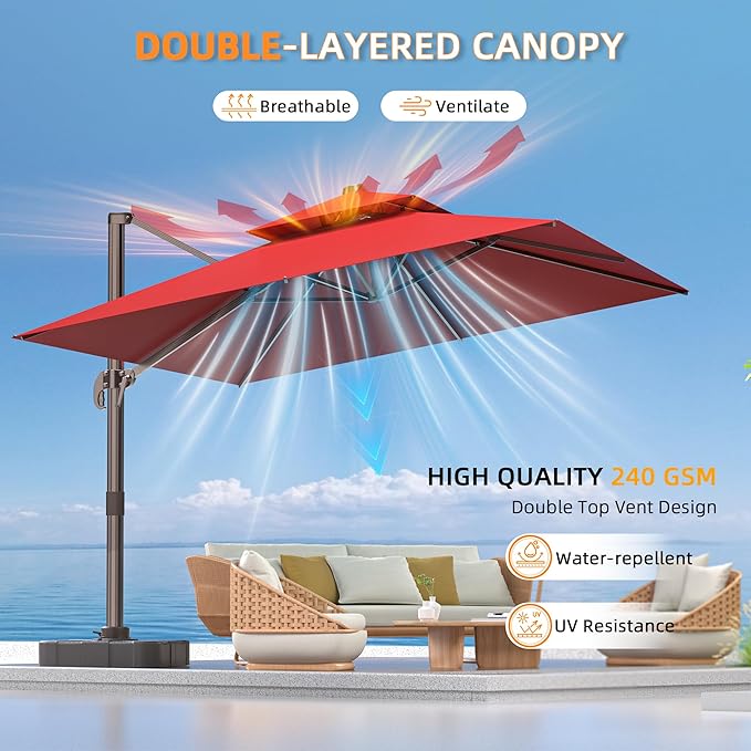 9' X 12' Cantilever Outdoor Patio Umbrellas Double Top Large Rectangle Umbrella Heavy Duty 360°Rotation Offset Umbrella for Garden Deck Pool Patio,Red