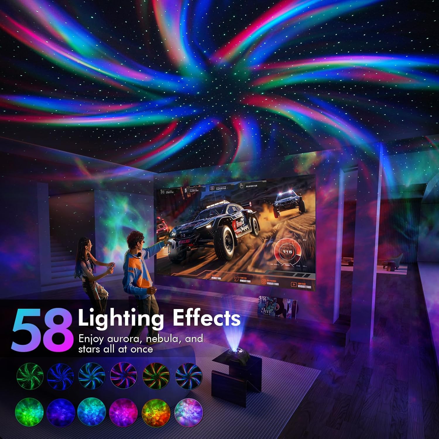Rossetta Dual Lens Galaxy Star Projector, Aurora Night Light for Bedroom | 58 Light Effects, White Noise, Bluetooth Speaker, Music Sync, Remote Control, Timer, Room Decor Gift for Kids Adults Teens