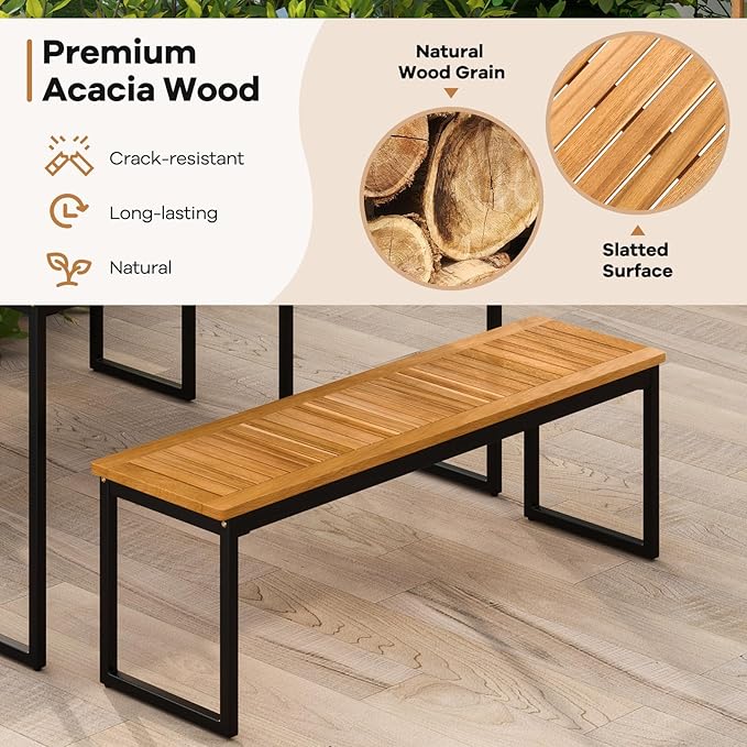Tangkula 6 Pieces Outdoor Acacia Wood Dining Set, Patio Table and Chairs Set with Bench for 6-7 People, Outdoor Dining Furniture Set with 2" Umbrella Hole for Garden, Backyard and Poolside