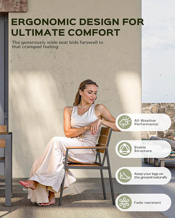 5-Piece Outdoor Dining Set, Aluminum Dining Table Set for 4, Patio Table and Chairs Set with Umbrella Hole, All Weather HDPS Outdoor Table and Chairs for 4 (Gray-Teak)