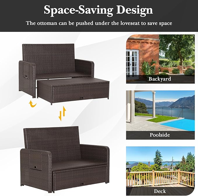 LDAILY Moccha Outdoor Daybed, Wicker Loveseat Sofa Set with 4-Postion Adjustable Backrest, Storage Ottoman, Cushions, Rattan Double Bed Lounger, Patio Furniture Set (Gray)