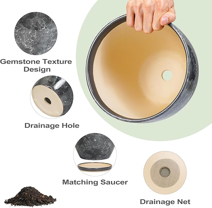 Ceraimc Planter - 8 Inch Plant Pot for Indoor Outdoor Plants, Decorative Round Planters, Flower Pot with Drainage and Saucer, Garden Porch House Room Decor, Plant Lover Gifts, Grey