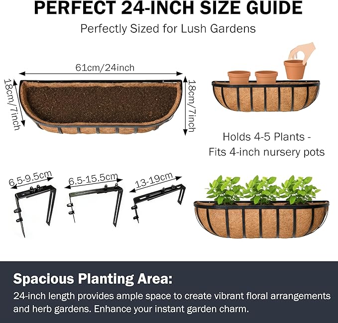 24“ Window Box Railing Planter with Coco Liner Metal Wall-Mounted Coconut Liner Planter Basket English Horse Trough Planters for Outdoor Deck Balcony Porch Fence Patio Black (2 Pack)