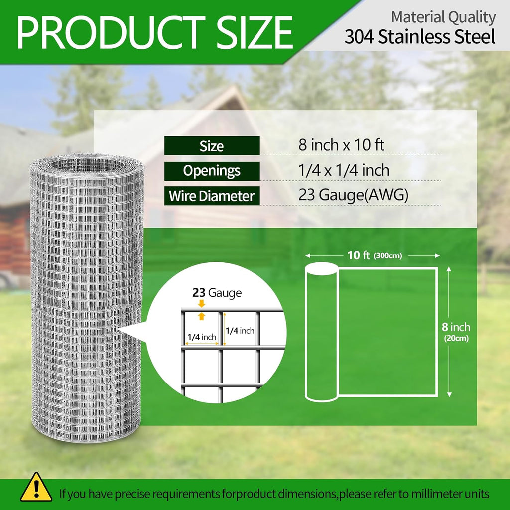 Hardware Cloth 1/4 inch 23 Gauge Small Size 304 Stainless Steel mesh Chicken Welded Wire Fencing Wire Mesh Roll Fencing Garden Fence Squirrel Tunnel Network 8in×10ft