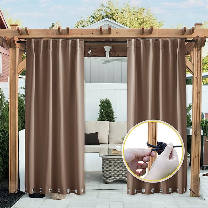 NICETOWN 2 Panels Waterproof Outdoor Curtains Fixed Grommet & Back Tab on Top & Bottom, Thermal Insulated Keep Rain & Sun Out Blackout Windpoorf Outdoor Draperies with Rope, W52 by L108, Tan-Khaki