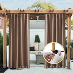 NICETOWN 2 Panels Waterproof Outdoor Curtains Fixed Grommet & Back Tab on Top & Bottom, Thermal Insulated Keep Rain & Sun Out Blackout Windpoorf Outdoor Draperies with Rope, W52 by L108, Tan-Khaki
