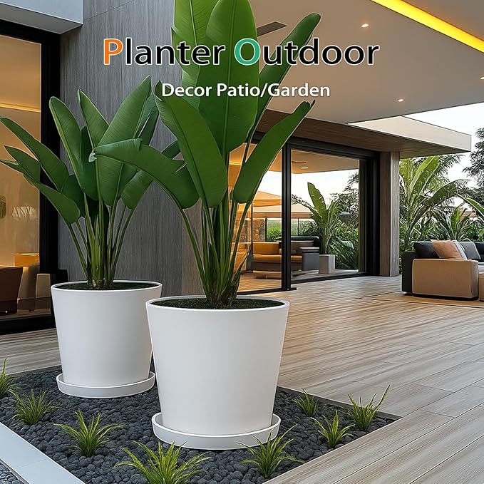 Wide Planters for Outdoor Plants, Extra Large Indoor Flower Pots for Garden, Front Porch, Patio - Round Resin Planter Set of 2 (White, 20 inch - 2 Pack with Saucers)