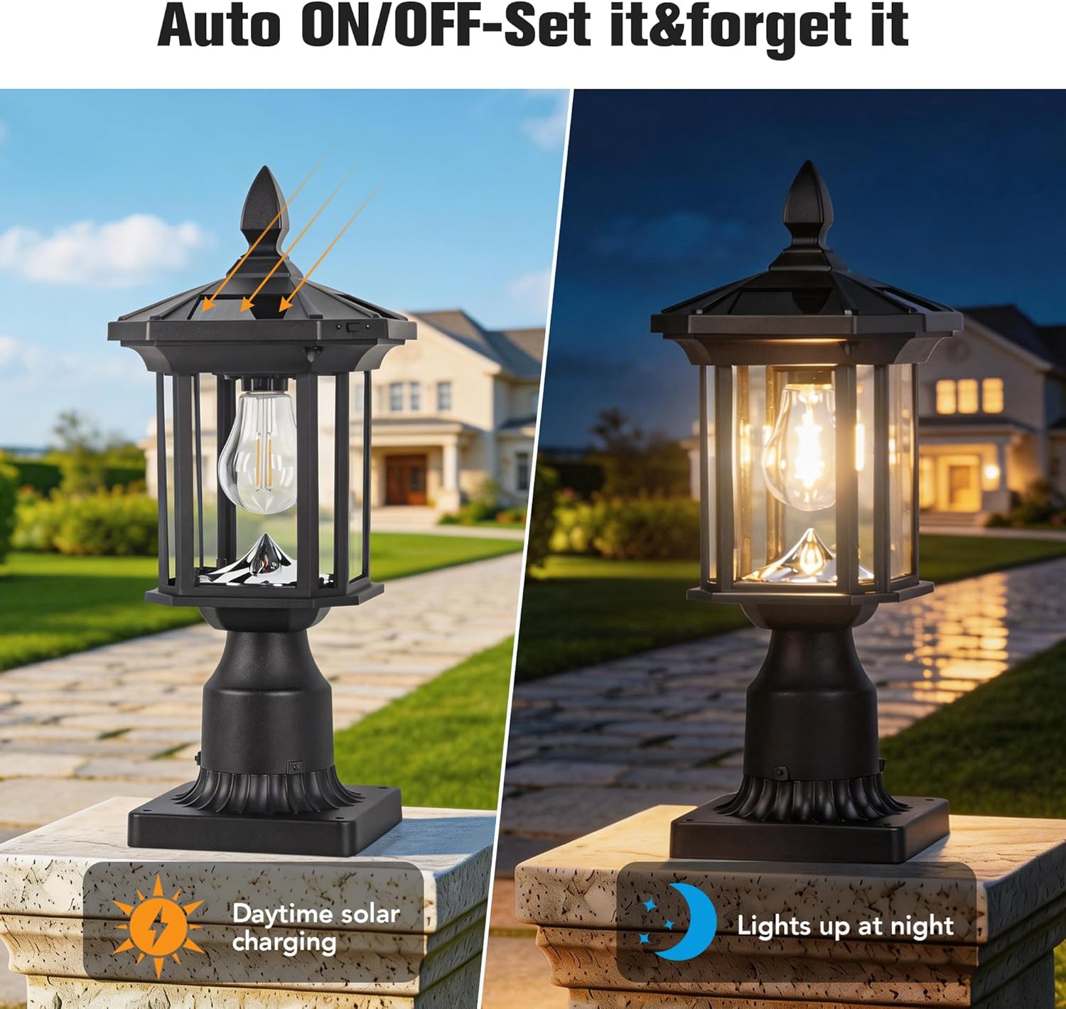 Solar Post Light, Outdoor Waterproof LED Pillar Lights with Glass and Pier Mount Base Solar Lamp Post Light ST4368Q Fits 6x6 Wooden Posts for Gates Yard Pole Column Garden Deck Pathway Driveway