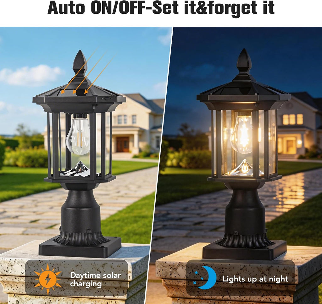Solar Post Light, Outdoor Waterproof LED Pillar Lights with Glass and Pier Mount Base Solar Lamp Post Light ST4368Q Fits 6x6 Wooden Posts for Gates Yard Pole Column Garden Deck Pathway Driveway