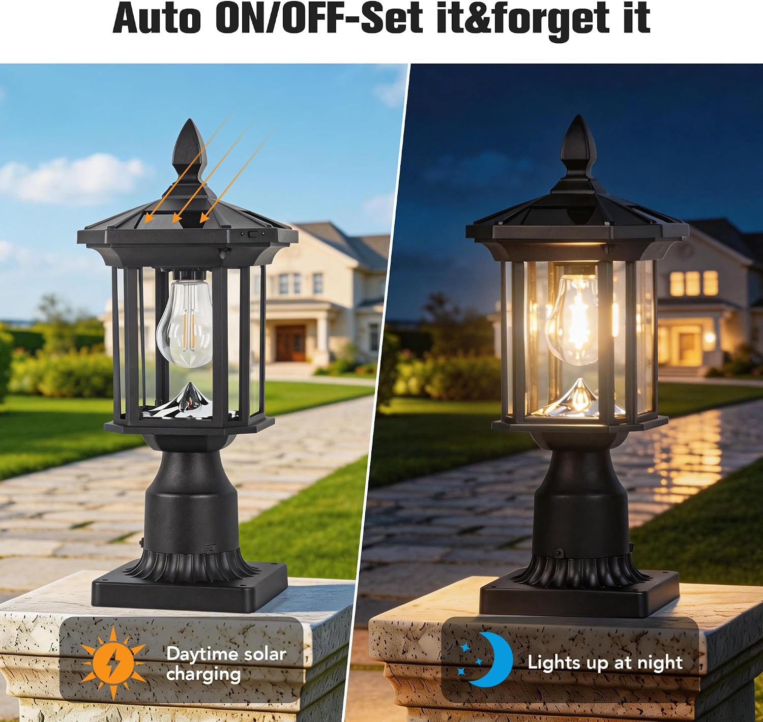 Solar Post Light, Outdoor Waterproof LED Pillar Lights with Glass and Pier Mount Base Solar Lamp Post Light ST4368Q Fits 6x6 Wooden Posts for Gates Yard Pole Column Garden Deck Pathway Driveway
