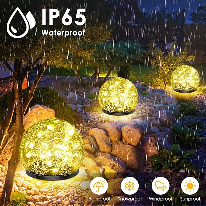 Solar Garden Lights, 2 Pack 80 LED Cracked Glass Solar Globe Lights Outdoor Decoration, Upgraded Waterproof Warm White Ball Lights for Yard Pathway Patio Lawn Christmas Outside Decor, 5.9"