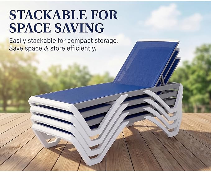 Kozyard Outdoor Chaise Lounge Chair, Full Flat Adjustable Patio Lounger with Aluminum Frame & Resin Legs, Textilene Fabric for Poolside, Backyard & Beach (Blue, Chair with Table)
