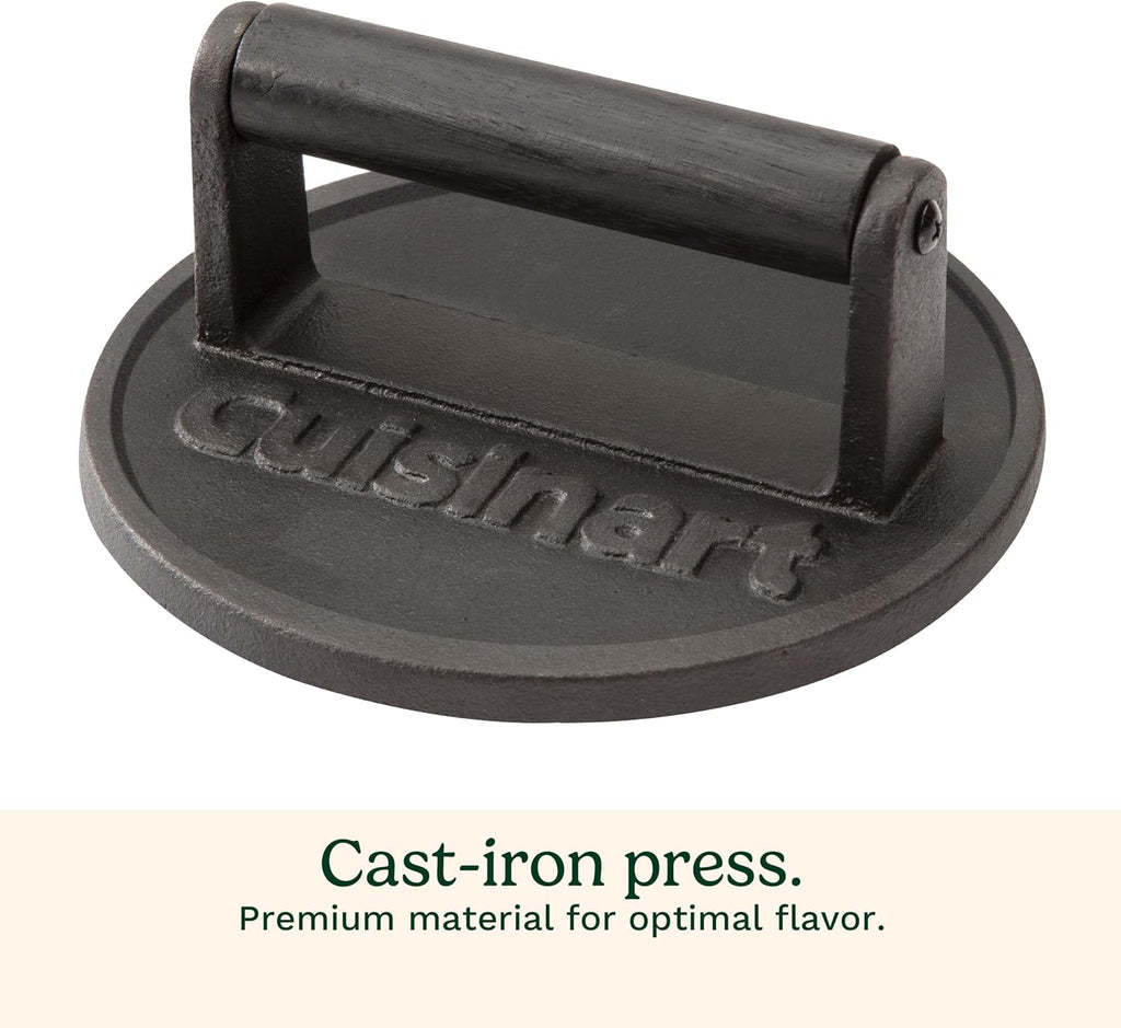 Cuisinart Smash Burger Press, Cast Iron, 6.5" Round Burger Smasher | Hamburger press with round flat edge for crispy carmelization, the go-to grill press for indoor and outdoor cooking, CISB-111