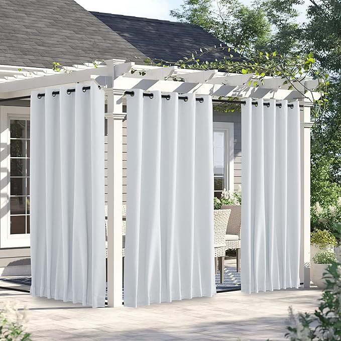 NICETOWN 2 Panels Outdoor Curtains for Patio Waterproof & Windproof, Grommet & Back Tab on Top & Bottom Weighted Drapes Keep Sun/Rain Out with Bouns Rope for Pergola, Greyish White, W66 x L84