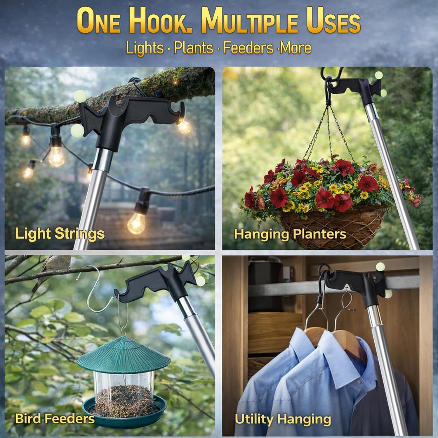 6-24ft Telescopic Extension Pole & Utility Hook for Christmas Lights | Christmas Light Pole Hanger Tool,30FT High Reach Telecoping Pole,Extendable Poles for Hanging and Installation Lights String