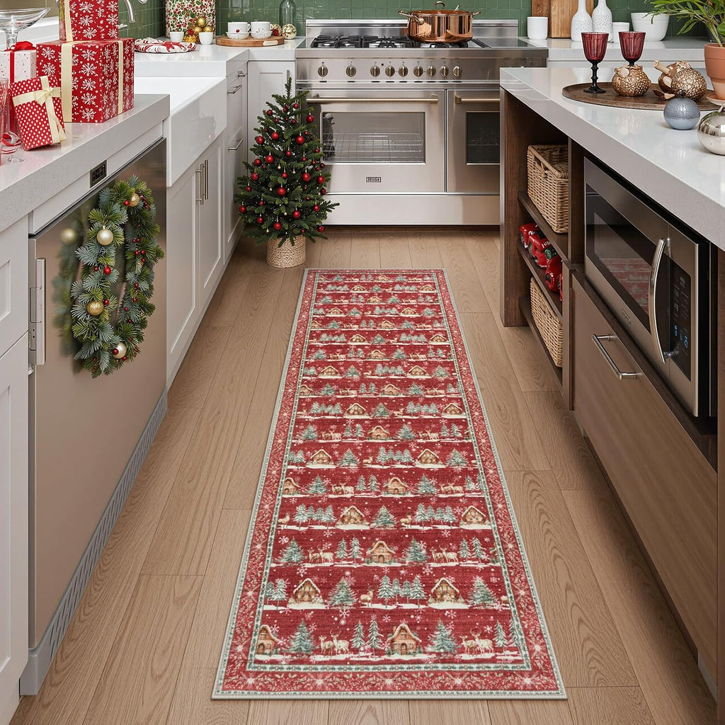 Christmas Runner Rug 2x6 Red Rugs for Hallway Winter Home Decor | Washable Entryway Rugs Runner, Non Slip Kitchen Rug, Xmas Elk Stain Resistant Bathroom Bedside Carpets for Holiday Decor