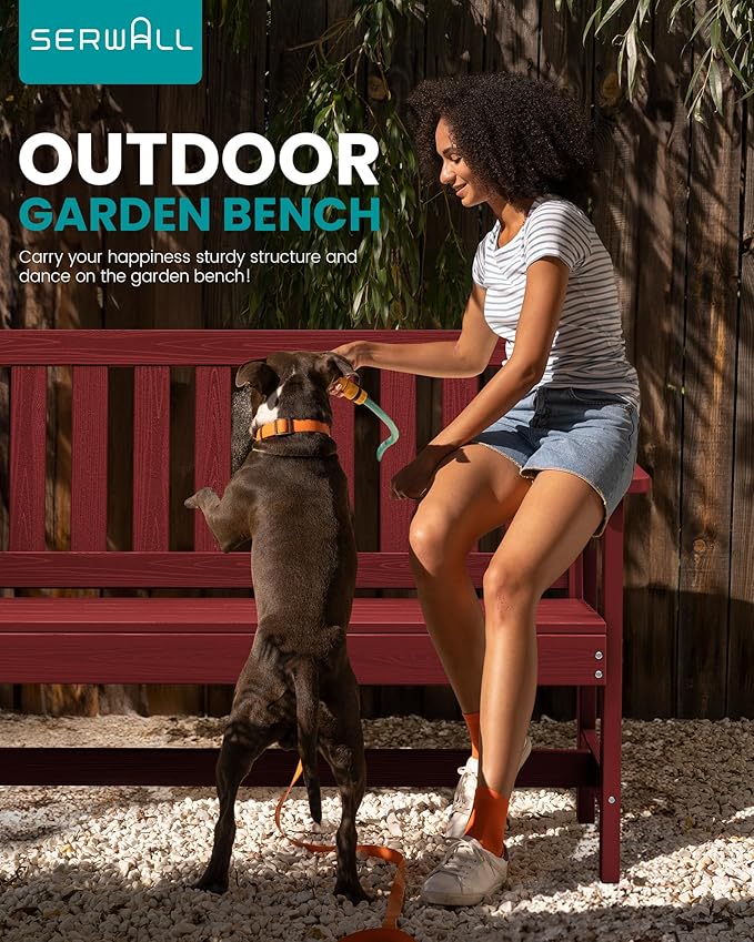 SERWALL Outdoor Bench, HDPE Outdoor Benches Weatherproof, 2-Person Garden Bench with 660 lbs Weight Capacity, Patio Benches for Outdoors, Garden, Porch, Backyard and Park, Red, 4 Pack