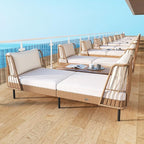 Tangkula Patio Rattan Daybed Set of 2, Boho Outdoor Wicker Lounge Sofa with Seat & Back Cushions, 2-Seat Bench Sun Lounger Chair with Robust Metal Legs for Deck, Backyard, Porch, Poolside (Off White)