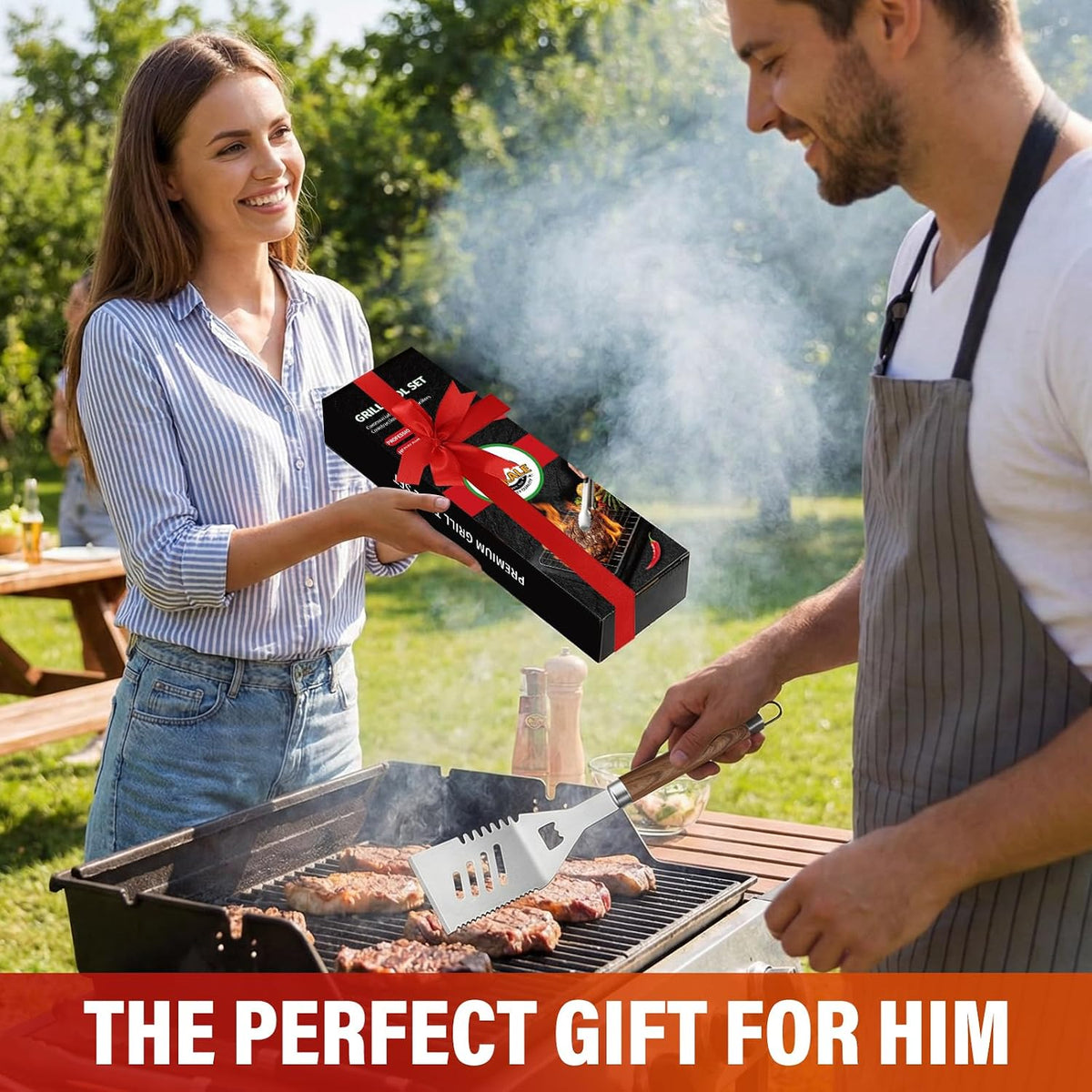 grill set, grill tools for outdoor grill utensils on a desk or shelf