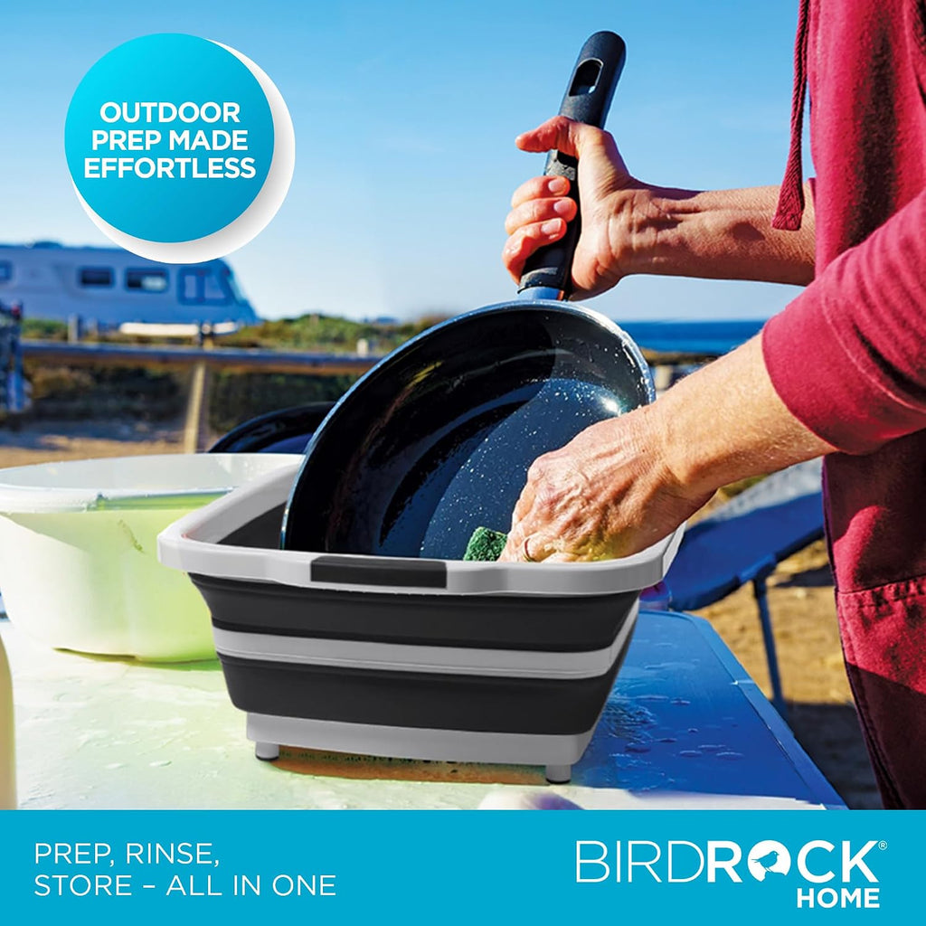 BIRDROCK HOME Collapsible XL BBQ Prep Tub w/Cutting Board, Multi-Function Grill Caddy w/Colander & Lid, Portable Silicone Dish Bowl for Picnic, Tailgate, Camping - Black | Grill Caddy Food Marinating Container with Lid and Meat Cutting Board - Portable
