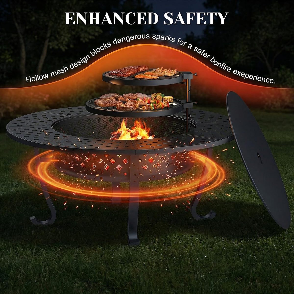 43" fire pit, firepit with adjustable 2 grills, side view