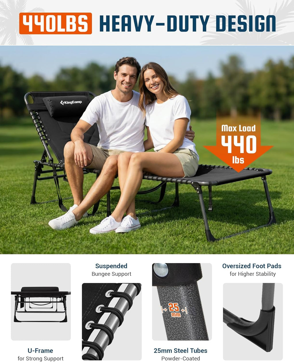 KingCamp Oversized Tanning Chair Padded Lounge Chair, Black | Extra-Wide Padded, Folding Chase Lounge, Portable Adjustable 5-Position, 440lbs Heavy Duty