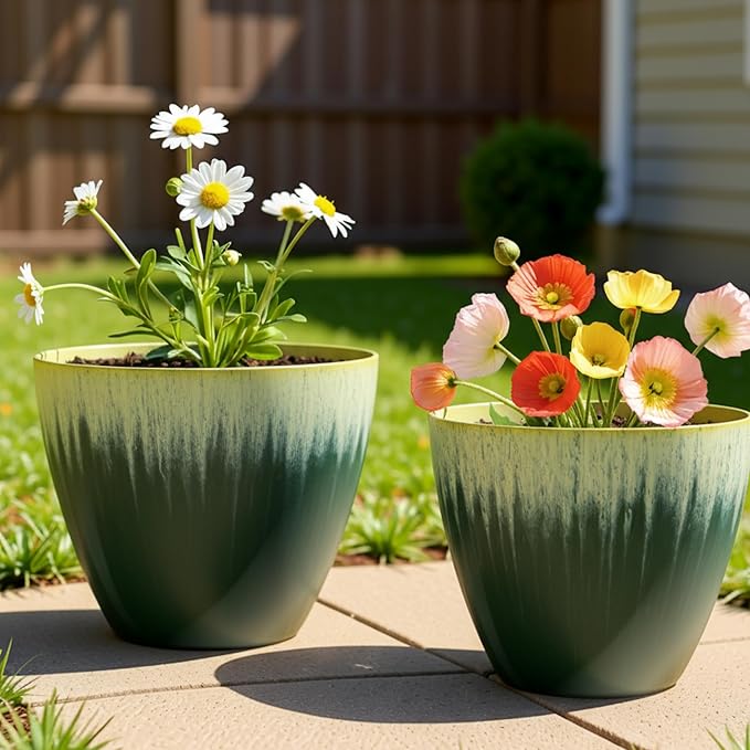 8 inch Plant Pots with Drainage Holes, Pack of 4 Plastic Flower Pots Indoor, Modern Glossy Finishing Planter for Indoor Outdoor Plants (Green Glaze, 4 Pack)