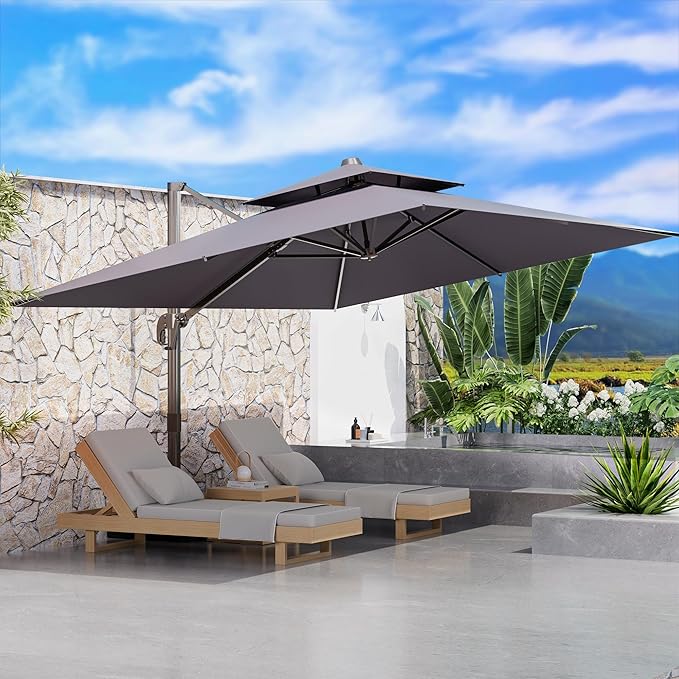 9' X 12' Cantilever Outdoor Patio Umbrellas Double Top Large Rectangle Umbrella Heavy Duty 360°Rotation Offset Umbrella for Garden Deck Pool Patio,Grey