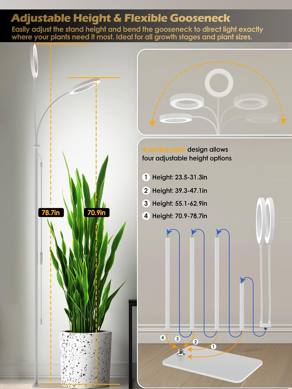 48W Grow Lights for Indoor Plants, Full Spectrum LED Plant Light with Stand | Dimmable, 3 Lighting Modes, 23"-79" Adjustable Height, Plant Growing Lamp with 3/9/12/16H Timer, White Dual Heads Floor Lamp
