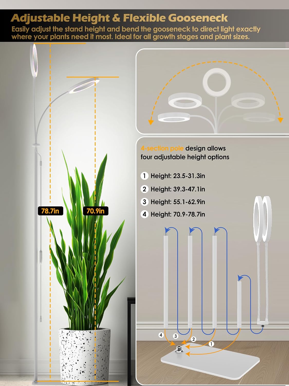 48W Grow Lights for Indoor Plants, Full Spectrum LED Plant Light with Stand | Dimmable, 3 Lighting Modes, 23"-79" Adjustable Height, Plant Growing Lamp with 3/9/12/16H Timer, White Dual Heads Floor Lamp