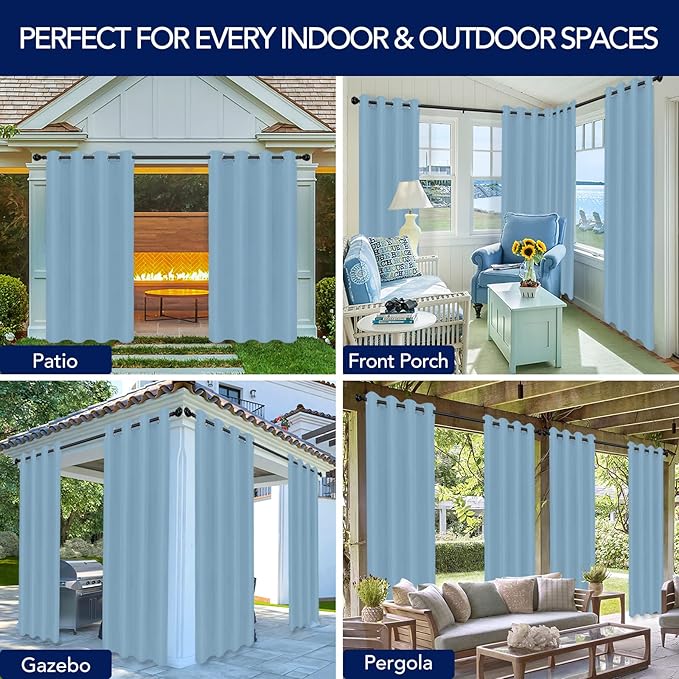 PureFit Outdoor Curtains for Patio Waterproof Weatherproof, UV Resistant Outside Curtains for Gazebo, Front Porch, Pergola, Sun Blocking Privacy Curtain, 52W x 95L inch, 1 Panel, Sky Blue