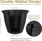 Sunnydaze 24-Inch Anjelica Large Plastic Pot for Plants - Outdoor Double-Walled Large Plastic Planter with Drillable Drainage Holes - Matte Black - 2pk