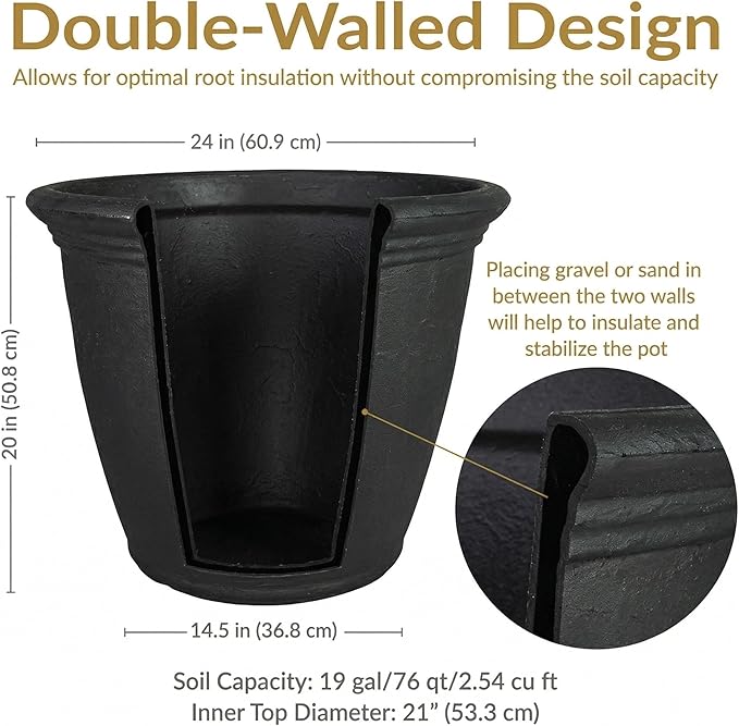 Sunnydaze 24-Inch Anjelica Large Plastic Pot for Plants - Outdoor Double-Walled Large Plastic Planter with Drillable Drainage Holes - Matte Black
