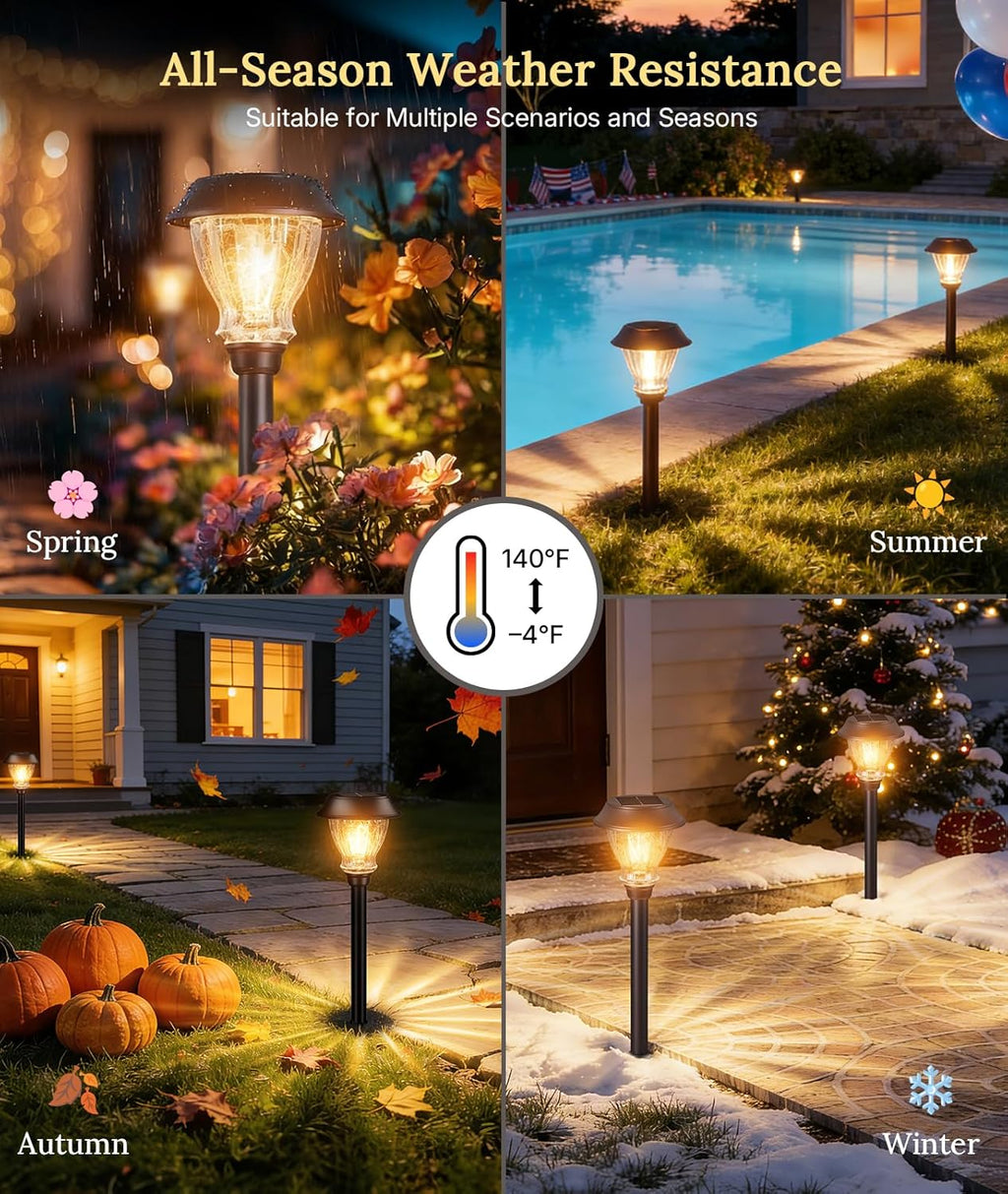 XMCOSY+ Solar Pathway Lights Outdoor, 8 Pack Warm White Solar Garden Lights | Crackled Glass & Metal, IP65 Waterproof, Auto On/Off Soft 2700K LED Edison, Landscape Lights for Yard Walkway Driveway Path