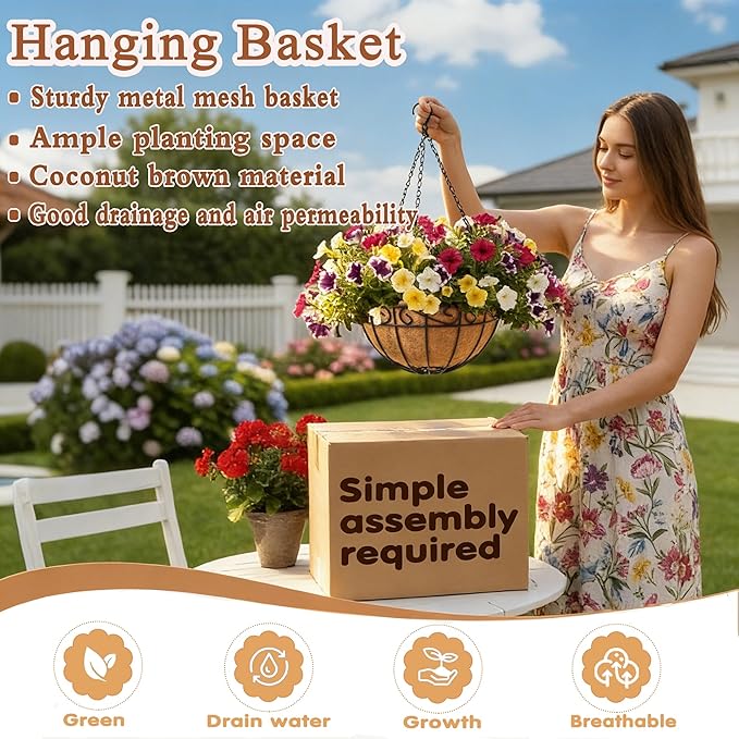 14 inch Metal Hanging Baskets For Plants Outdoor 4 Pack Round Metal Wire Hanging Basket Planter with Coco Fiber Liners Chain Round Wire Plant Holder for Garden, Patio, Deck, Porch Plants Flower Potss