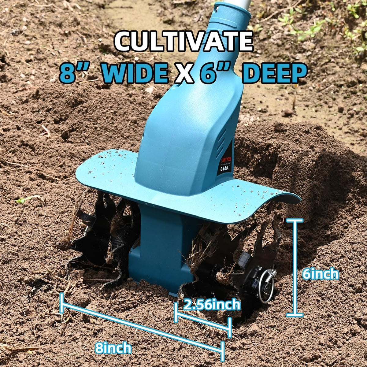 21v cordless tiller cultivator with 4.0 ah battery, front angle view