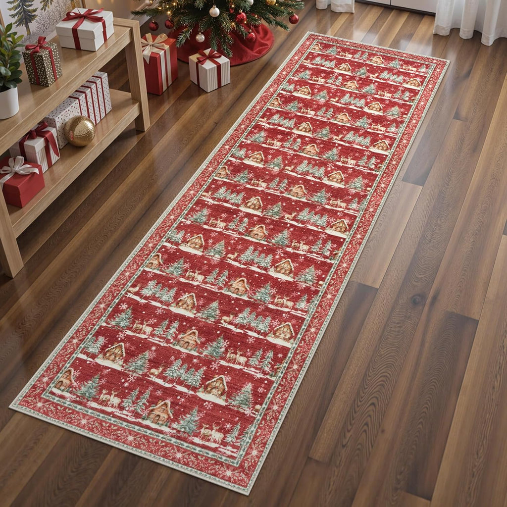 Christmas Runner Rug 2x6 Red Rugs for Hallway Winter Home Decor | Washable Entryway Rugs Runner, Non Slip Kitchen Rug, Xmas Elk Stain Resistant Bathroom Bedside Carpets for Holiday Decor