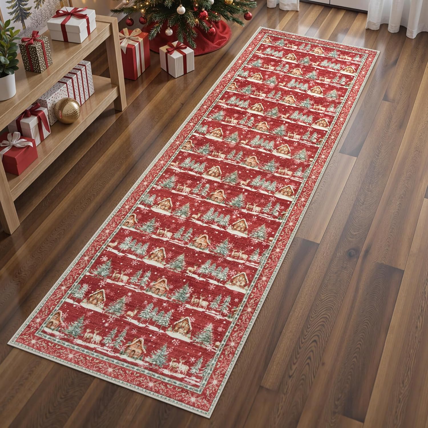 Christmas Runner Rug 2x6 Red Rugs for Hallway Winter Home Decor | Washable Entryway Rugs Runner, Non Slip Kitchen Rug, Xmas Elk Stain Resistant Bathroom Bedside Carpets for Holiday Decor