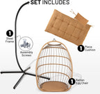 SereneLife Hanging Egg Chair w/Stand - Wicker Rattan Swing, Padded Cushion | Foldable Design, Weather-Resistant Cushion & Padded Headrest Included, 350 lb Capacity, Great for Patio, Backyard & Bedroom.