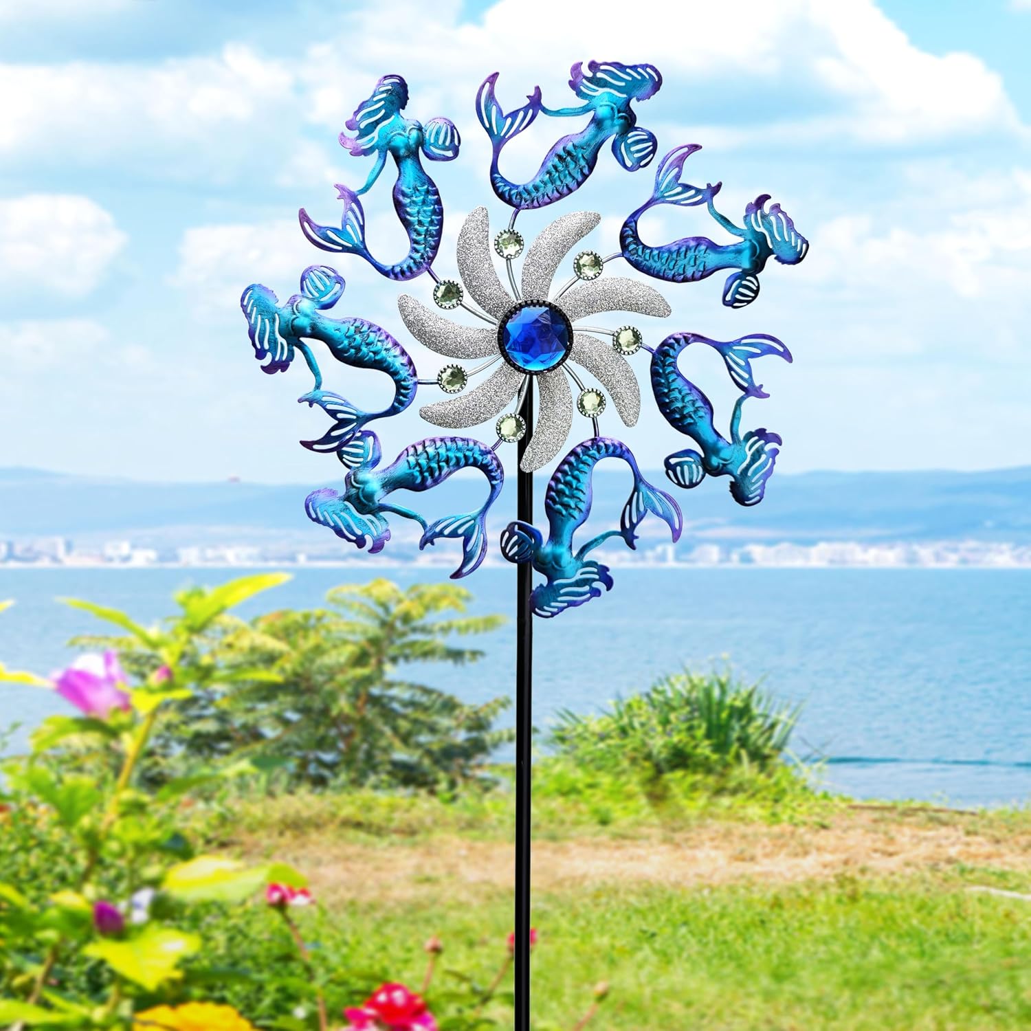 COOZZYHOUR 39" Mermaid Wind Spinners Metal Windmill Garden Stake,Ocean Theme Outdoor Wind Spinner,Wind Sculptures Yard Art Decorations for Patio,Lawn & Garden