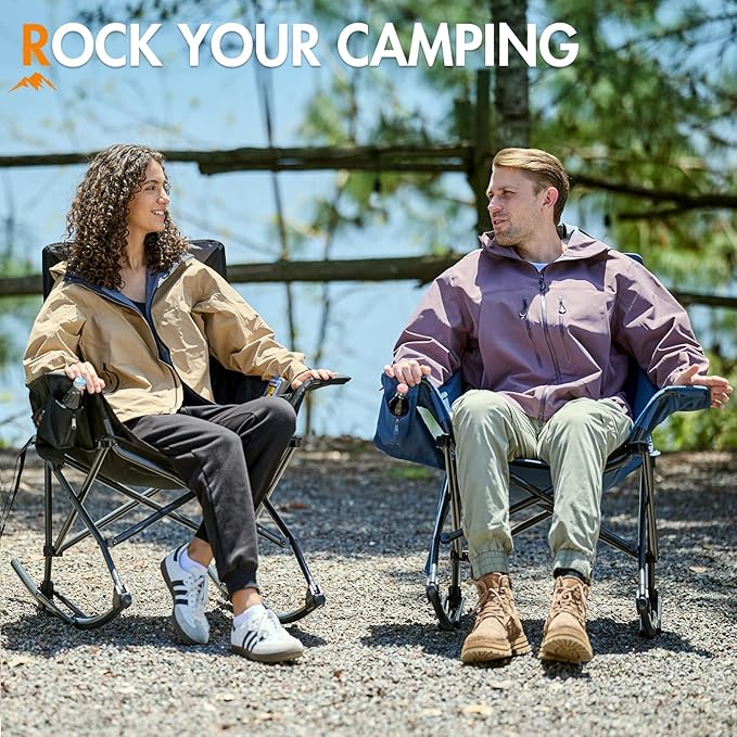 Portal Camping Rocking Chair Outdoors Folding Portable Rocker with Cup Holder Side Pocket Carry Bag, Support 350LBS, Black