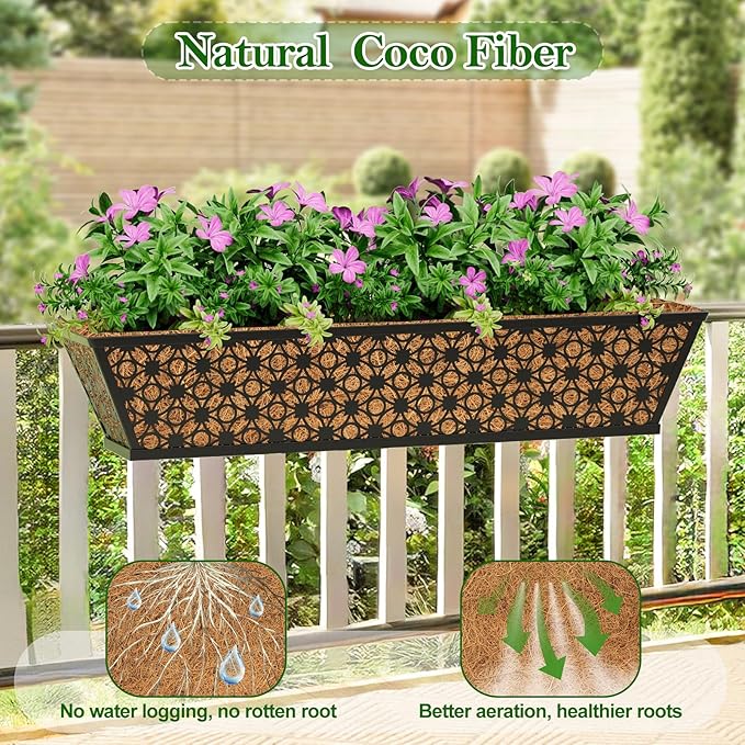 SPECILITE 30" Window Boxes Planters, Heavy Duty Metal Railing Planter Boxes, Adjustable Balcony Planters for Railing Hanging, with Coco Liner & Tool Set for Deck, Porch, and Patio Gardening (2 Pack)