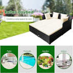 COSTWAY Outdoor Patio Rattan Daybed, Sponge Cushioned Loveseat Sofa with 4 Pillows, Wicker Furniture Sunbed for Balcony, Courtyard (Beige)