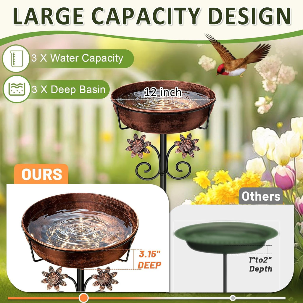 3" Deep Metal Bird Bath for Outside, Removable 12" Dia Vintage Bird Baths Bowl for Outdoors with Stable 5-Prong Stake, 37" H Freestanding Birdbath for Garden Patio Yard Lawn (Brush Bronze)