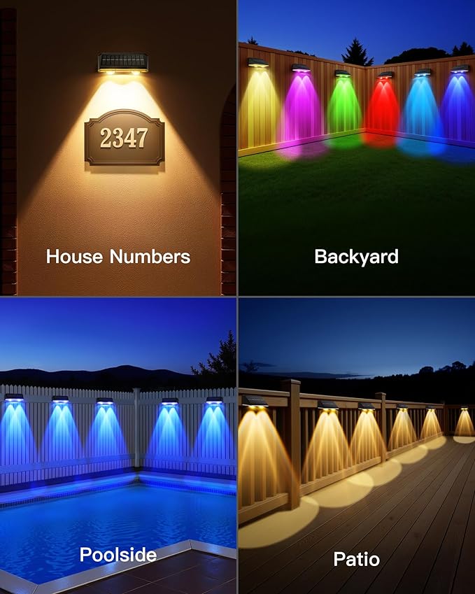 Solar Fence Lights Outdoor, 16 Pack IP65 Waterproof Fence Lights Solar Powered with Ultra-Bright LED Lens, 9 Color Modes, 12+ Hours Steady Glow for Deck/Backyard/Patio/Pool/Wall - Black