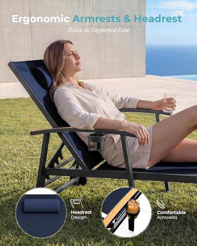 Ciokea Outdoor Lounge Chair with Pillow Set of 4, 5-Position Chaise Lounge with Wheels & Armrests, 400 lbs Heavy Duty Aluminum Pool Lounge Chairs, for Beach, Deck, Poolside & Backyard, Navy Blue