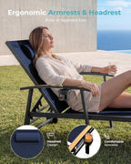 Ciokea Outdoor Lounge Chair with Pillow Set of 2, 5-Position Aluminum Chaise Lounge with Wheels & Armrests, 400 lbs Heavy Duty Patio Pool Chair for Backyard, Deck, Beach & Poolside, Navy Blue